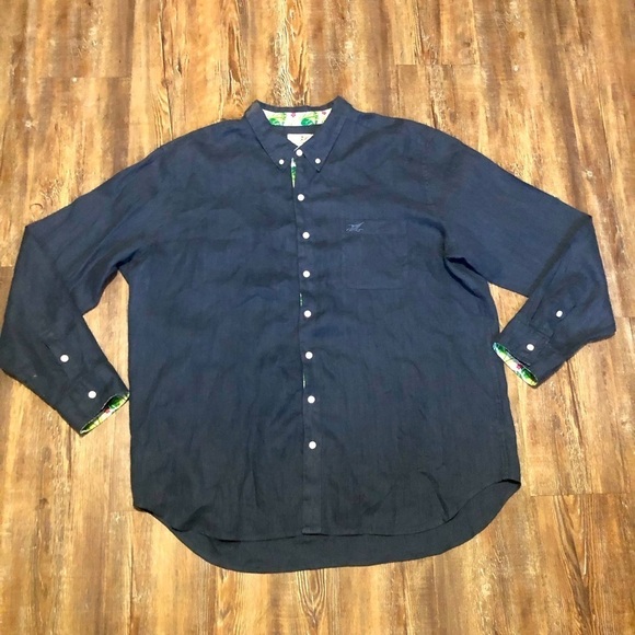 Madda Fella Shirt Men's 2XL Button Down Linen Navy Floral Trim Long Sleeve Aloha - Picture 1 of 5